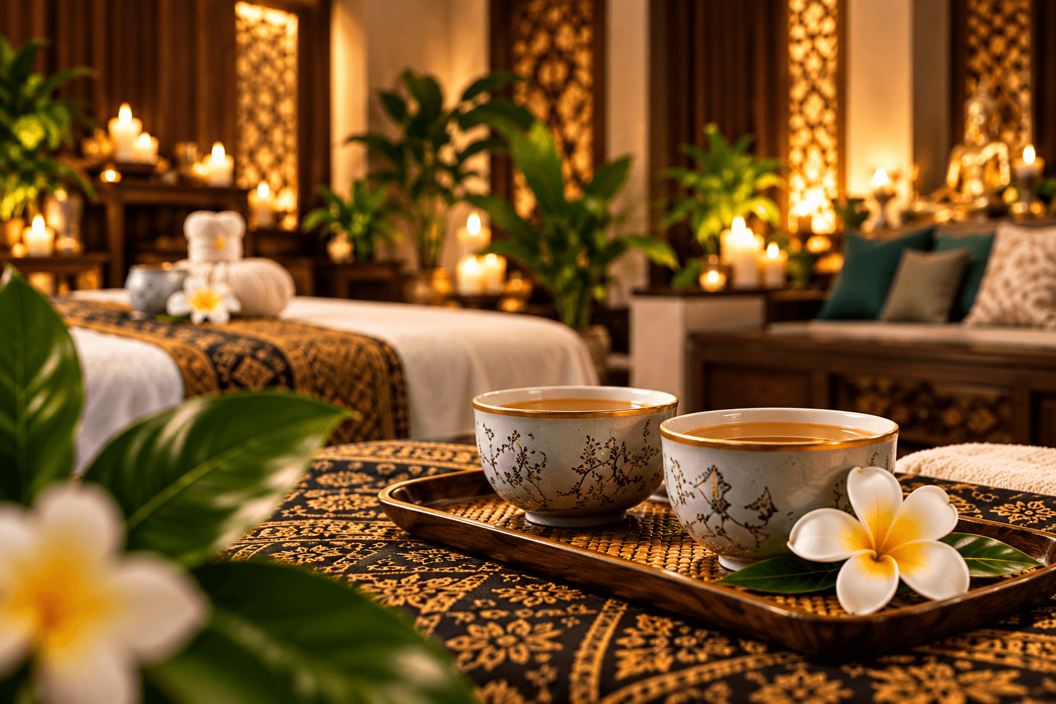 Tea and fresh towels in a peaceful treatment room