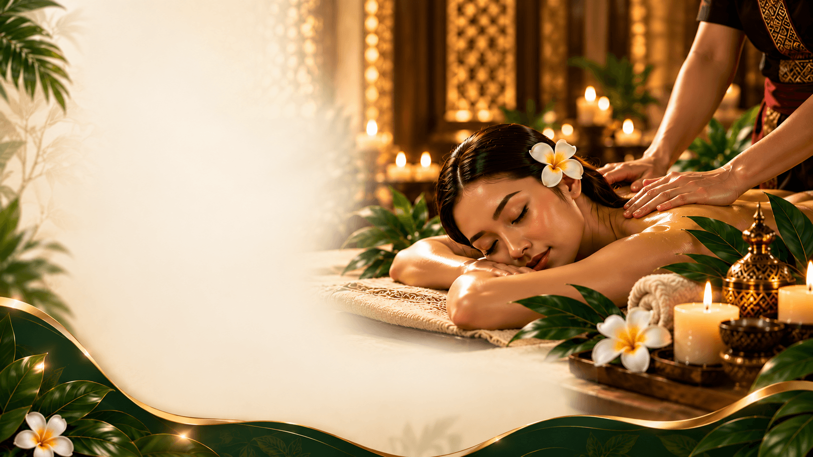 A guest enjoying a candlelit Thai massage, surrounded by tropical leaves and flowers